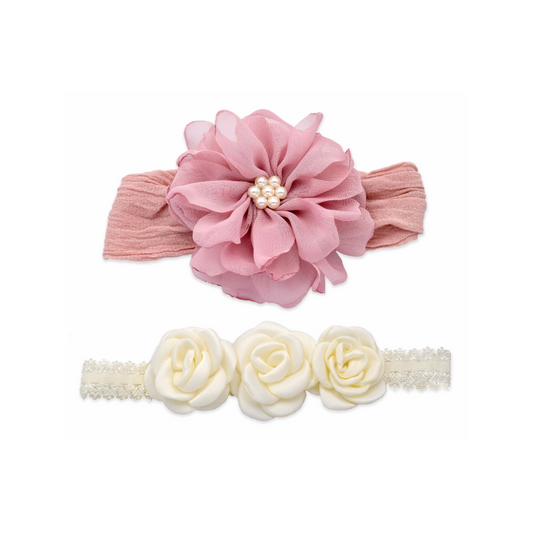 KHRISTIE® 2-PACK LARGE MAUVE FLOWER WITH PEARLS & IVORY TRIPLE ROSE HEADWRAPS